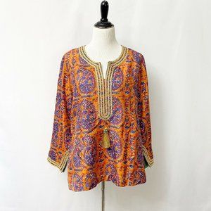 Soft Surroundings Tunic Paisley Gold Brocade V Neck Tassel Medium